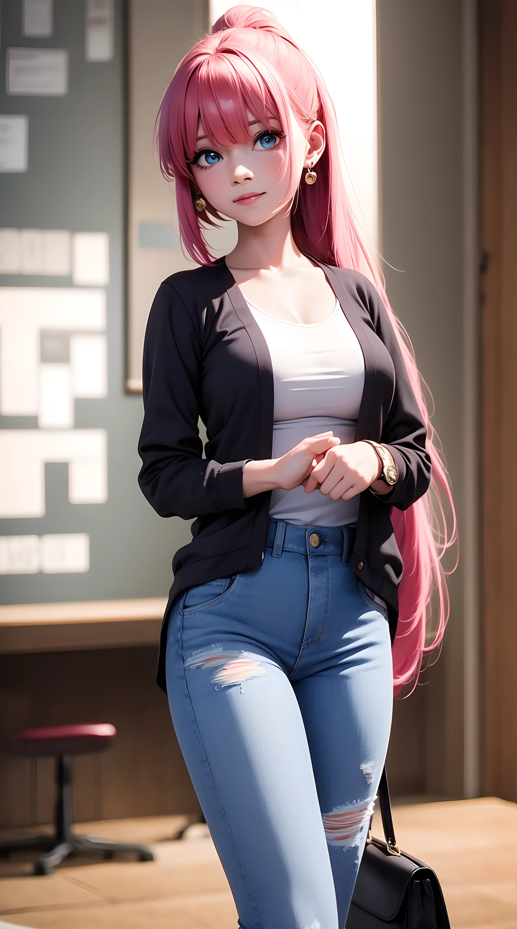 gotou_hitori, long hair, pink hair, bangs, blue eyes, ponytail, beautiful, beautiful woman, perfect body, perfect breasts, wearing a white shirt, black cardigan, long jeans, handbag, wearing a watch, wearing earrings, in classroom, on campus, university, blackboard, looking at the audience, a slight smile, realism, masterpiece, textured leather, super detailed, high detail, high quality, best quality, 1080p, 16k