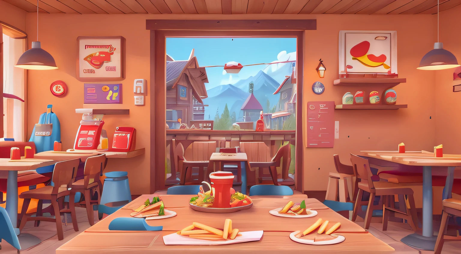 Western food, ketchup, wood chopping board fries, 45 degree angle Pixar style, Disney style, cartoon, bright colors, perfect details, objects, UI, restaurant in the background