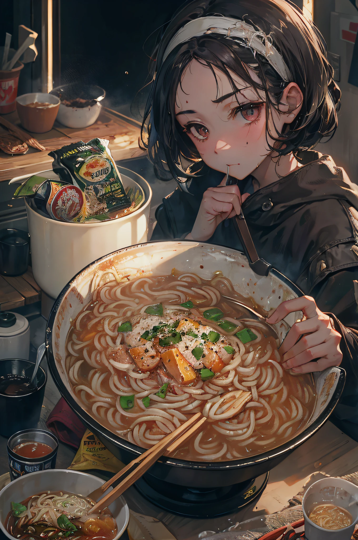 Instant noodles in hand,darkly,shadowy,terroral,soggy
