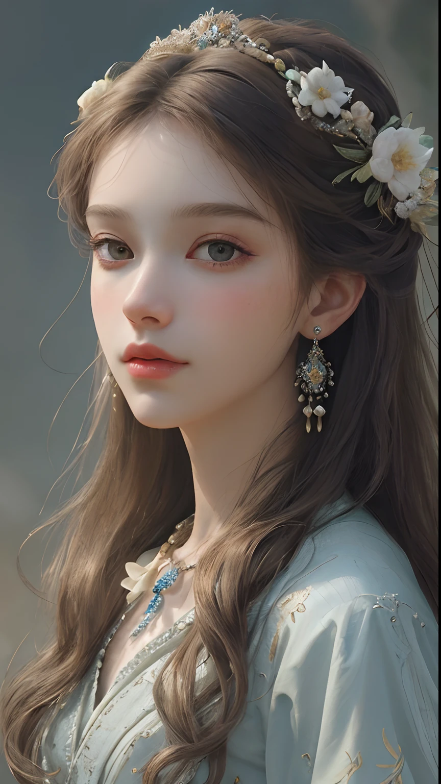 (Best quality, 4K, 8K, A high resolution, Masterpiece:1.2), Ultra-detailed, Realistic portrait of an aristocratic maiden, Exquisite facial features,Detailed expression, Graceful posture, Dreamy atmosphere, expressive brush strokes, mystical ambiance, Artistic interpretation,Delicately coiled hair,Delicate floral jewelry,Small fresh aesthetics,Stunning intricate costumes, a whimsical illustration, Subtle colors and tones, mystical aura,The details have been upgraded