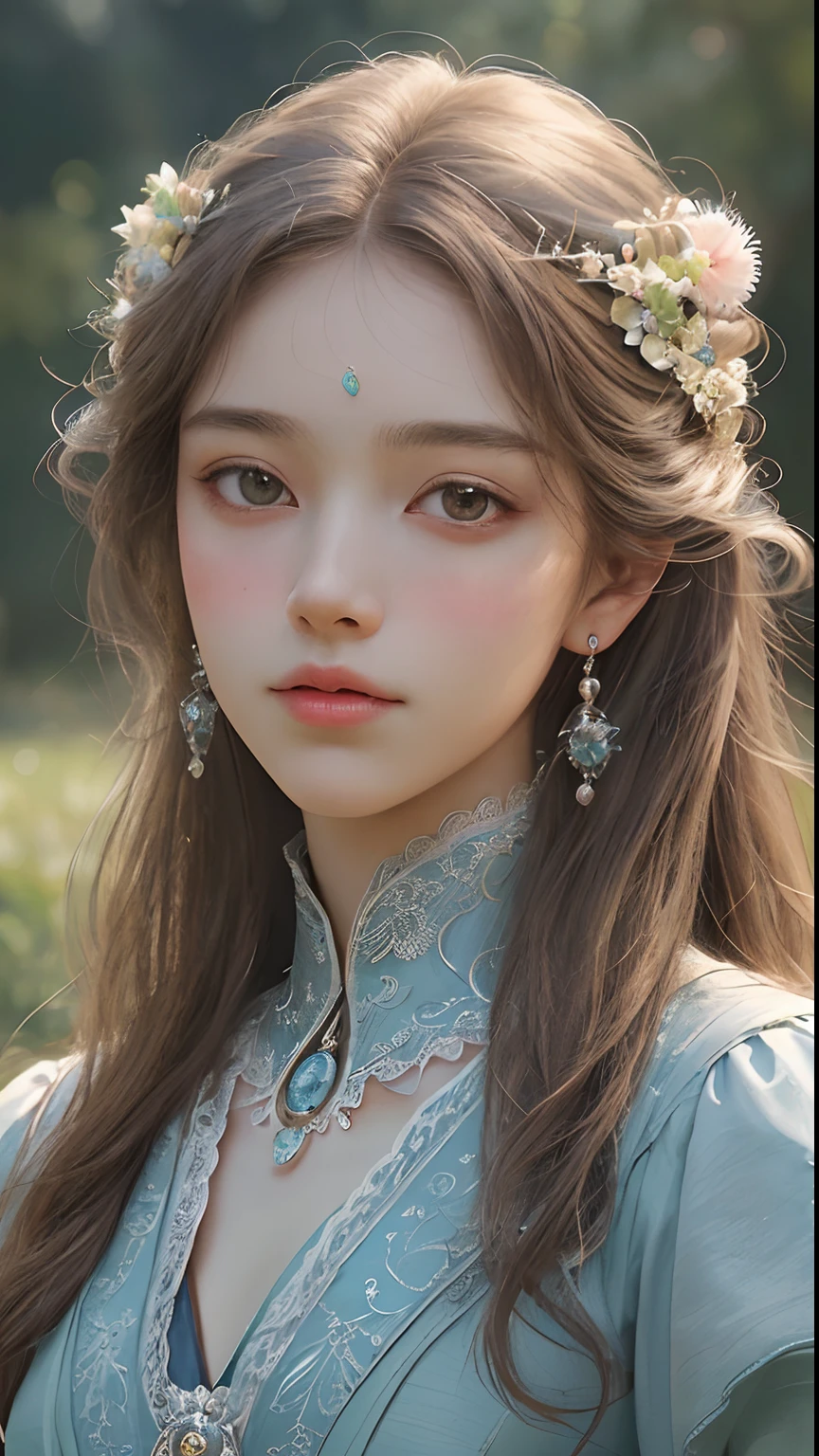 (Best quality, 4K, 8K, A high resolution, Masterpiece:1.2), Ultra-detailed, Realistic portrait of an aristocratic maiden, Exquisite facial features,Detailed expression, Graceful posture, Dreamy atmosphere, expressive brush strokes, mystical ambiance, Artistic interpretation,Delicately coiled hair,Delicate floral jewelry,Small fresh aesthetics,Stunning intricate costumes, a whimsical illustration, Subtle colors and tones, mystical aura,The details have been upgraded