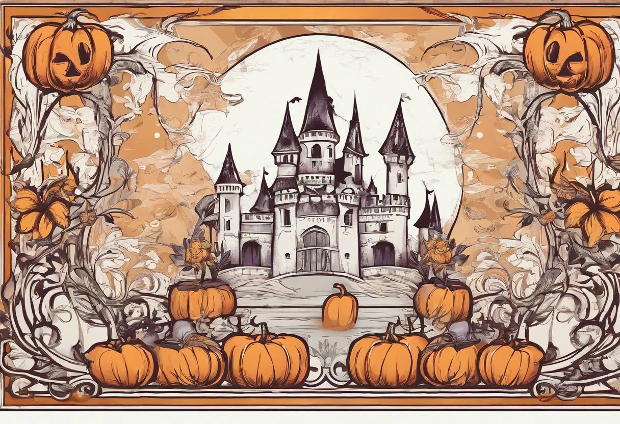 Happy Halloween background with pumpkin and castle, halloween celebration, Halloween, halloween wallpaper with ghosts, halloween theme, halloween atmosphere, spooky halloween fun, halloween night, in a halloween style, terroral》, horror”, creepy themed, halloween scene, spooky halloween night, Trick or Treat, ❤🔥🍄🌪, 8K)), header text”