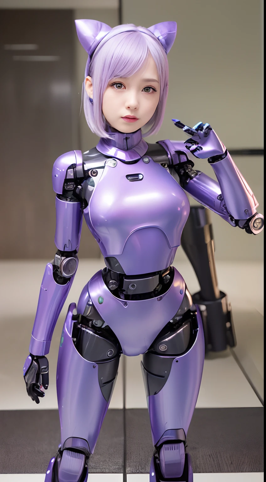 (Photorealsitic:1.4)、One-woman、(top-quality)、(hyperdetailed face)、(Super well-formed face)、((Robot Parts))、(Female-Robot)、(26 years-old)、(silver)、(pink there)、(metallic)、(Full-body)、(sexy pose)、(Slender body)、(Model body type)、(full body mech)、(Akihabara)、(is looking at the camera)、(A dark-haired)、(Well-proportioned lady)、(a small face)、(well-groomed fingers)、(Idol)、(front facing)、(Standing with legs open)、(Hands on hips)、(Photo session)、(Looks sad)、(wear a purple satin shirt)、(sleeve less)、(a miniskirt)、(perfect-female-robot)、(perfect-mechanical-body)