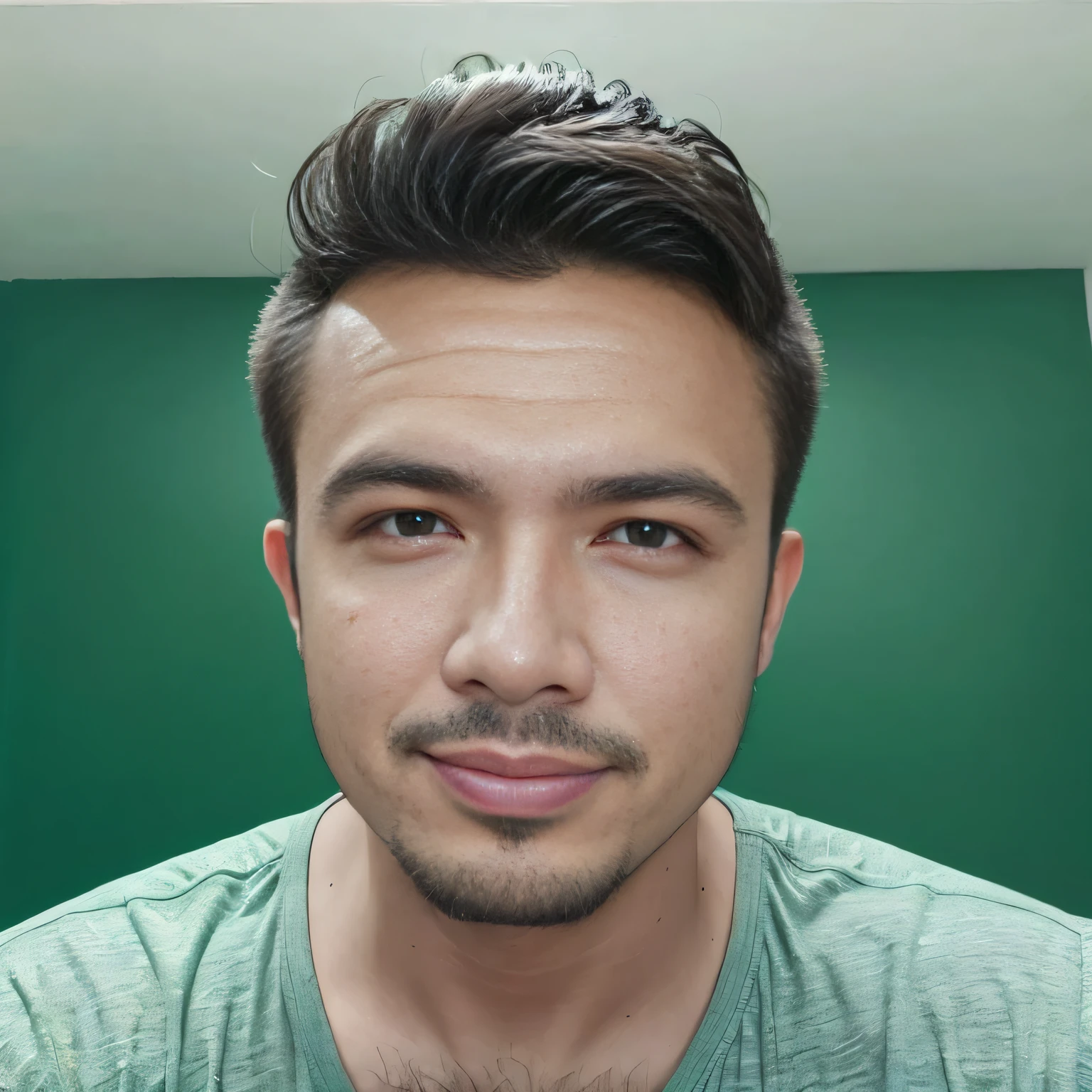 (Masterpiece, Best Quality), (portraite of a), Handsome guy, 28 years old, green clothing, neat hairstyle, a perfect face, beatiful face, winning, Normal eyes, Open your mouth, a happy, (green background), Reality