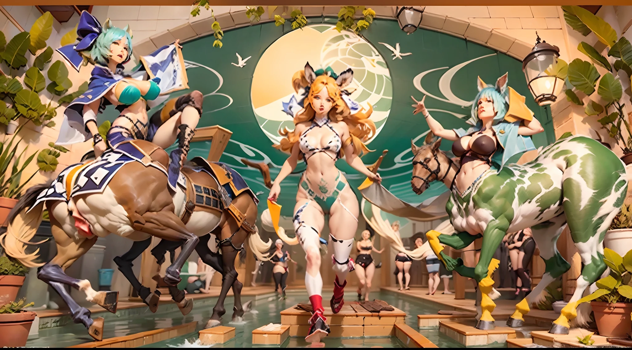 In the beautiful illustration of this super-grand scene，The ultra-distant lens shows us（Over eight separate and distinctive centaur characters：9.9），They all have their own characteristics，Vivid and interesting。Radiant from the heavens（Angelic centaurs：6.6），To nightmarish is（Centaurs surrounded by flames：6.6）、And then to the wind dancing in the air（Fairy centaurs：6.6）、And thunder and lightning surrounding（One-horned centaur：6.6），and shining metallic ones（Mechanical style centaur：6.6）、And then（A centaur with colorful dragon scales covering the whole body：6.6）The power is powerful、Elegant and agile（Elf centaur's slenderness：6.6）Gracefully wears a flower crown、Enchanting and charming（Tiflin centaurs：6.6）、Have the indescribable（Raised sexy：6.6）'s（Succubus centaurs：6.6）。Each character has their own unique charms and abilities。The illustration uses advanced artistic techniques and tools，（Use nesting、woven、stitching、ssee-through、arrange、grouping、Storyboards and other methods，Divide the scene into sections by geometric arrangement：9.9），Each section corresponds to a centaur character，This makes more efficient use of space。Through Midjourney's advanced brush tools、Color palette、Material packs and model packs、Texture tools，For each centaur, beautiful props are designed to increase racial characteristics、Clothing and physical features，（Enhances the character's personality and visual appeal：2.5），The scenery in the illustrations is stunning，There are changing skies、rainbowing、extreme light、Stars and Moon。Incorporating iconic landmarks such as Mount Everest，and fireworks、tranquil lake、Natural and urban elements of waves and neon lights，Creates a magical atmosphere，The centaurs display their unique abilities and equipment in a variety of environments，This is true even in extreme alien landscapes。（Use Midjourney's tools、Material packs、Texture tools、The color palette makes depicting details vivid and realistic：9.9），From complex hairstyles and as well as different racial traits、Body、Ap