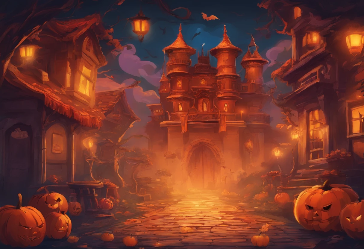 Happy Halloween background with pumpkin and castle, halloween celebration, Halloween, halloween wallpaper with ghosts, halloween theme, halloween atmosphere, spooky halloween fun, halloween night, in a halloween style, terroral》, horror”, creepy themed, halloween scene, spooky halloween night, Trick or Treat, ❤🔥🍄🌪, 8K)), header text”