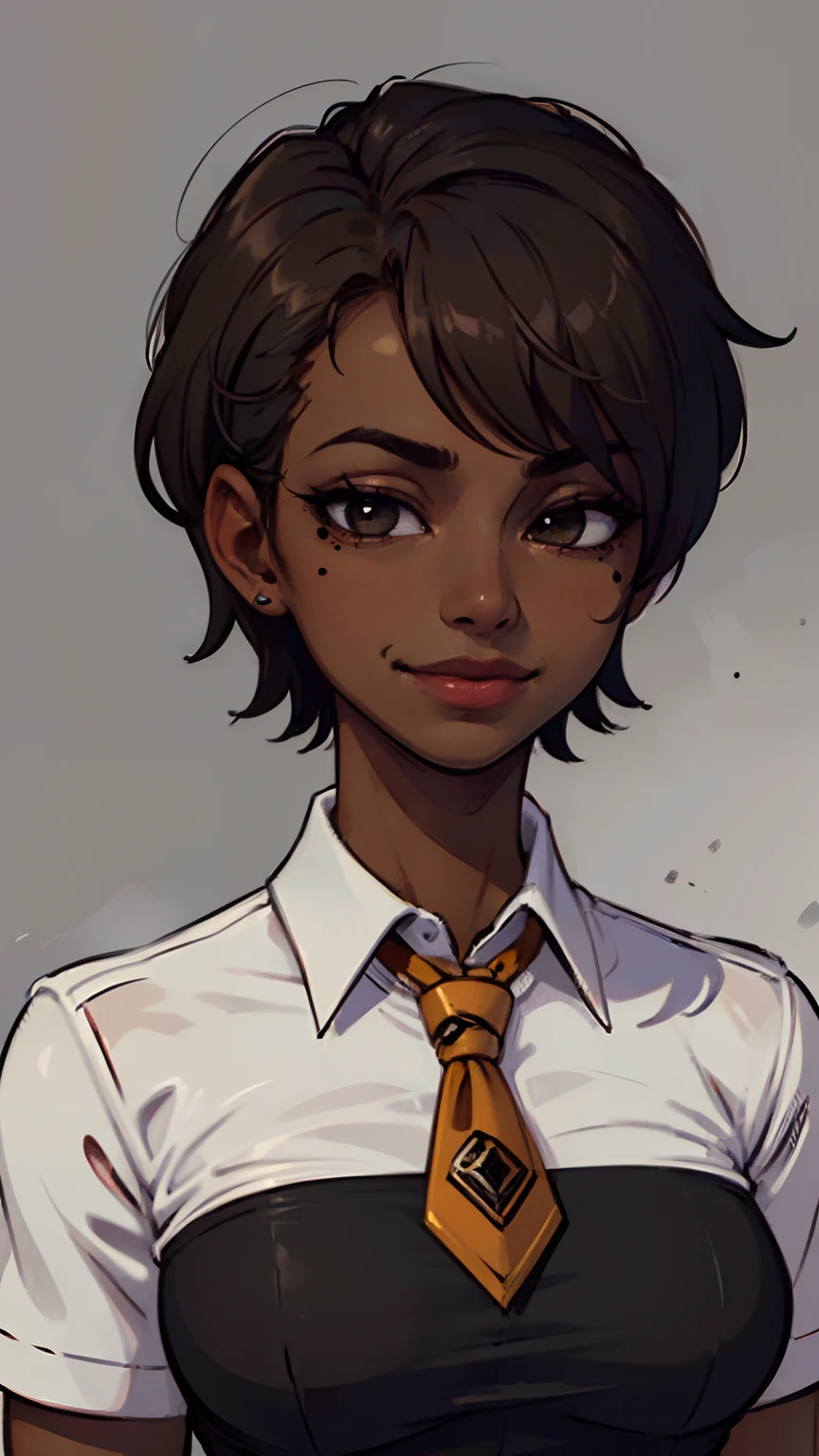 1 girl, (dark brown skin tone:1.4), very short hair, black eyes colour, mole down the right eye, School girl outfit, Evil smirk, dominant aura, (high quality, masterpiece, extremely detailed:1.2), (Realistic, photorealistic:1.2)