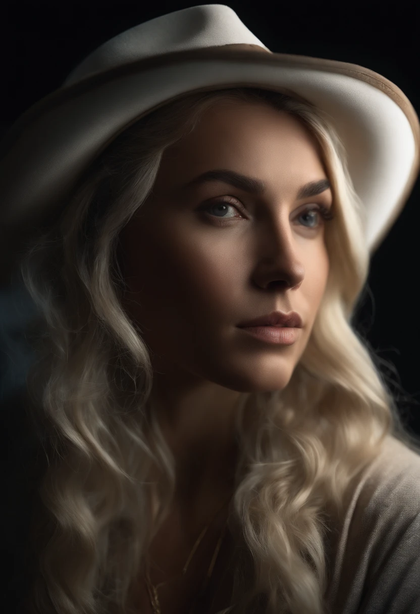(front focus), (in the dark:1.6), Hyperrealist portrait of female by david hockney and alphonse mucha, fantasy art, photo realistic, dynamic lighting, artstation, poster, volumetric lighting, very detailed faces, 4 k, award winning, 1girl, in the dark, deep shadow, low key, cowboy shot, (official clothing:1.4), long hair, white hair