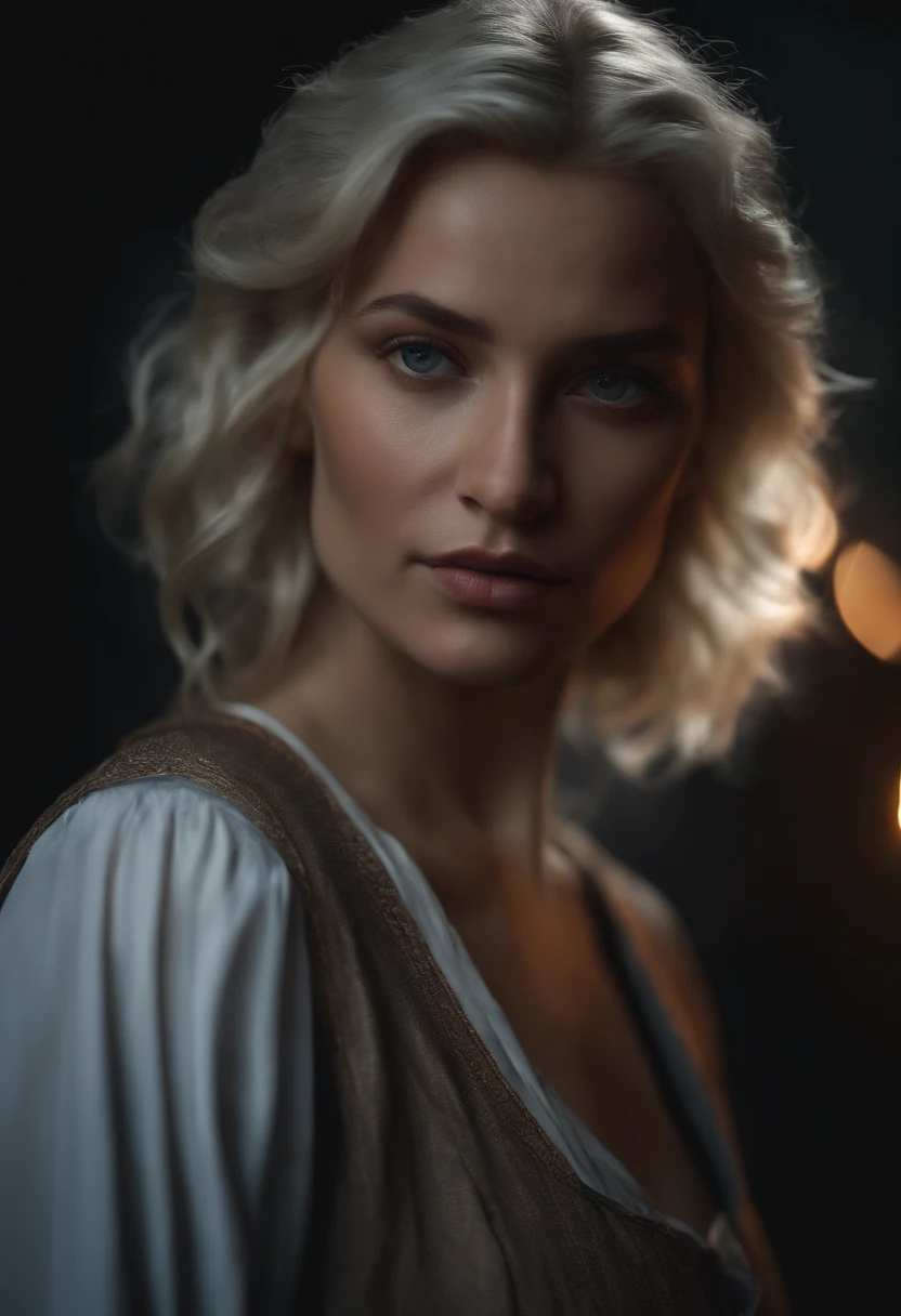 (front focus), (in the dark:1.6), Hyperrealist portrait of female by david hockney and alphonse mucha, fantasy art, photo realistic, dynamic lighting, artstation, poster, volumetric lighting, very detailed faces, 4 k, award winning, 1girl, in the dark, deep shadow, low key, cowboy shot, (official clothing:1.4), long hair, white hair