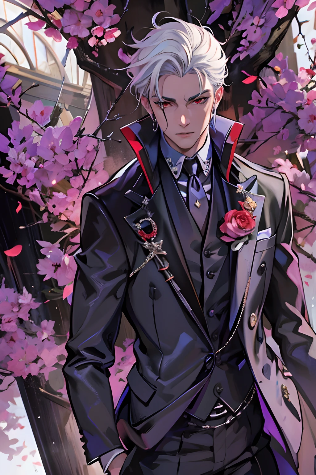 (masuter piece,Best Quality,Ultra-detailed), (A detailed face),Adult male who retained his childhood,Solo, white  hair, Red eyes,Vampire Black Suit,Black shirt,Black tie,(in bad: 1.2), Looking at the viewer, (interview: 1.3), From  above, sharp contrast, Beautiful detailed eyes, Close Up Shot,magazine title,Mafioso