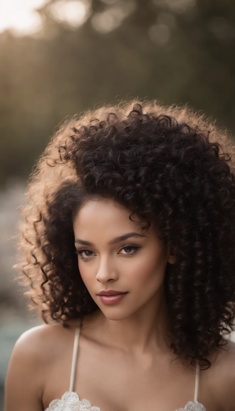 A beautiful and amazing black Brazilian woman，portrait of upper body，Free curls, Black curly hair, (dark shorter curly hair), Wild black long curly hair, multiversal hair, Brazilian, Short black curly hair, Curly black hair, Curls, wavy hair spread out, Baroque curls, curlies, curly, Fair curly hair, Hair texture, curly bang