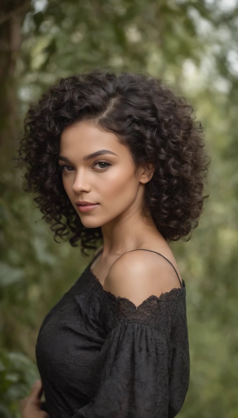A beautiful and amazing black Brazilian woman，portrait of upper body，Free curls, Black curly hair, (dark shorter curly hair), Wild black long curly hair, multiversal hair, Brazilian, Short black curly hair, Curly black hair, Curls, wavy hair spread out, Baroque curls, curlies, curly, Fair curly hair, Hair texture, curly bang