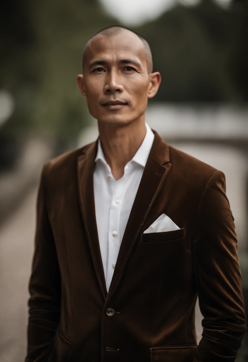 cinematic portrait , The Man from indonesian, Tall and fit, (40years old:1.1), (Shaven:1.2), (Very short and thin brown hair, slightly curly;:1.5),(Very short, fine hair:1.6). (Fitted black velvet suit and white shirt :1.3) . minimalist background, Own composition, Strong Details, Muted colors, hasselblad, Raw Style