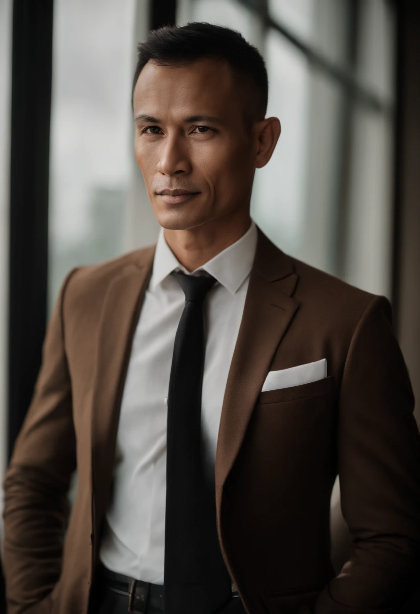 cinematic portrait , The Man from indonesian, Tall and fit, (40years old:1.1), (Shaven:1.2), (Very short and thin brown hair, slightly curly;:1.5),(Very short, fine hair:1.6). (Fitted black velvet suit and white shirt :1.3) . minimalist background, Own composition, Strong Details, Muted colors, hasselblad, Raw Style