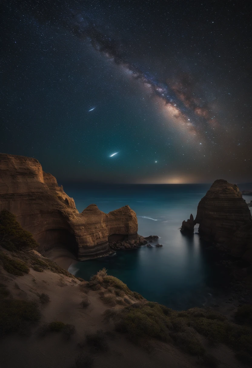 Master Parts、Superior Quality、superior image quality、The 8k quality、、Beautiful pictures of the starry sky、Two beautiful shooting stars、magnifica、Arched Milky Way、The Milky Way seen over the sea