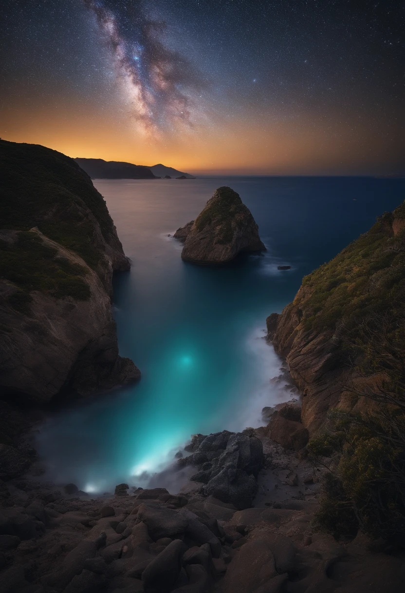 Master Parts、Superior Quality、superior image quality、The 8k quality、、Beautiful pictures of the starry sky、Two beautiful shooting stars、magnifica、Arched Milky Way、The Milky Way seen over the sea