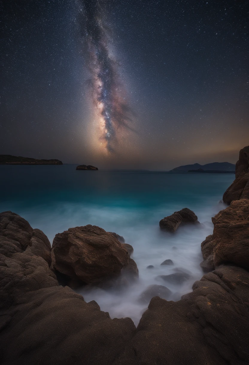 Master Parts、Superior Quality、superior image quality、The 8k quality、、Beautiful pictures of the starry sky、Two beautiful shooting stars、magnifica、Arched Milky Way、The Milky Way seen over the sea