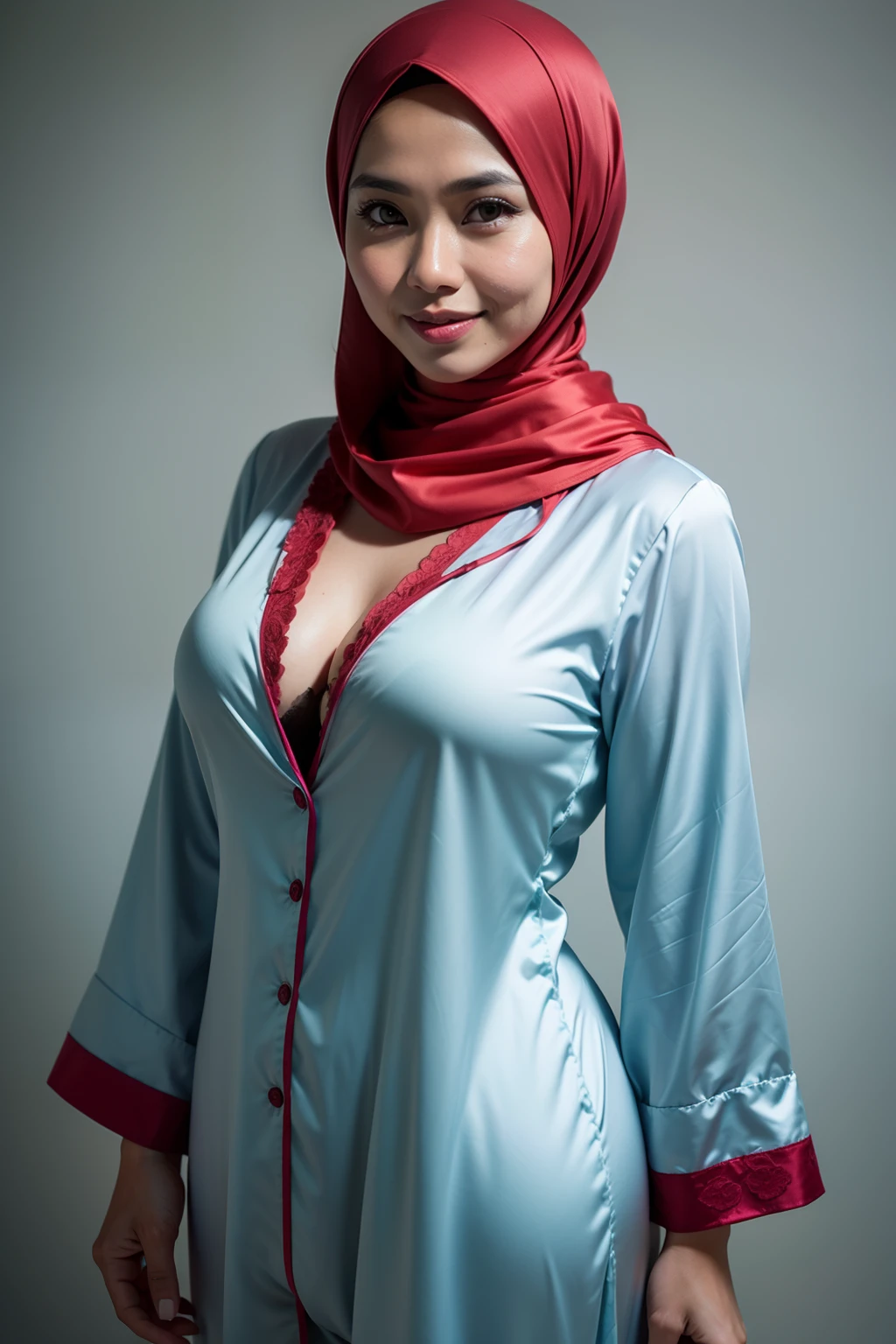 matured malay woman in hijab wearing sexy satin red color pajamas portrait photography, mid shot photo, ultra detail, professional photograph with professional lighting, smile, light blue studio background, sexy seducing pose, curvy