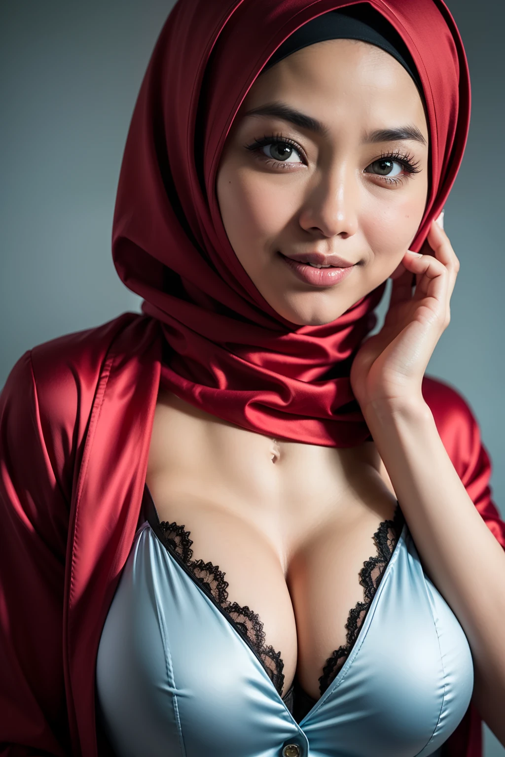 matured malay woman in hijab wearing sexy satin red color pajamas portrait photography, mid shot photo, ultra detail, professional photograph with professional lighting, smile, light blue studio background, sexy seducing pose, curvy