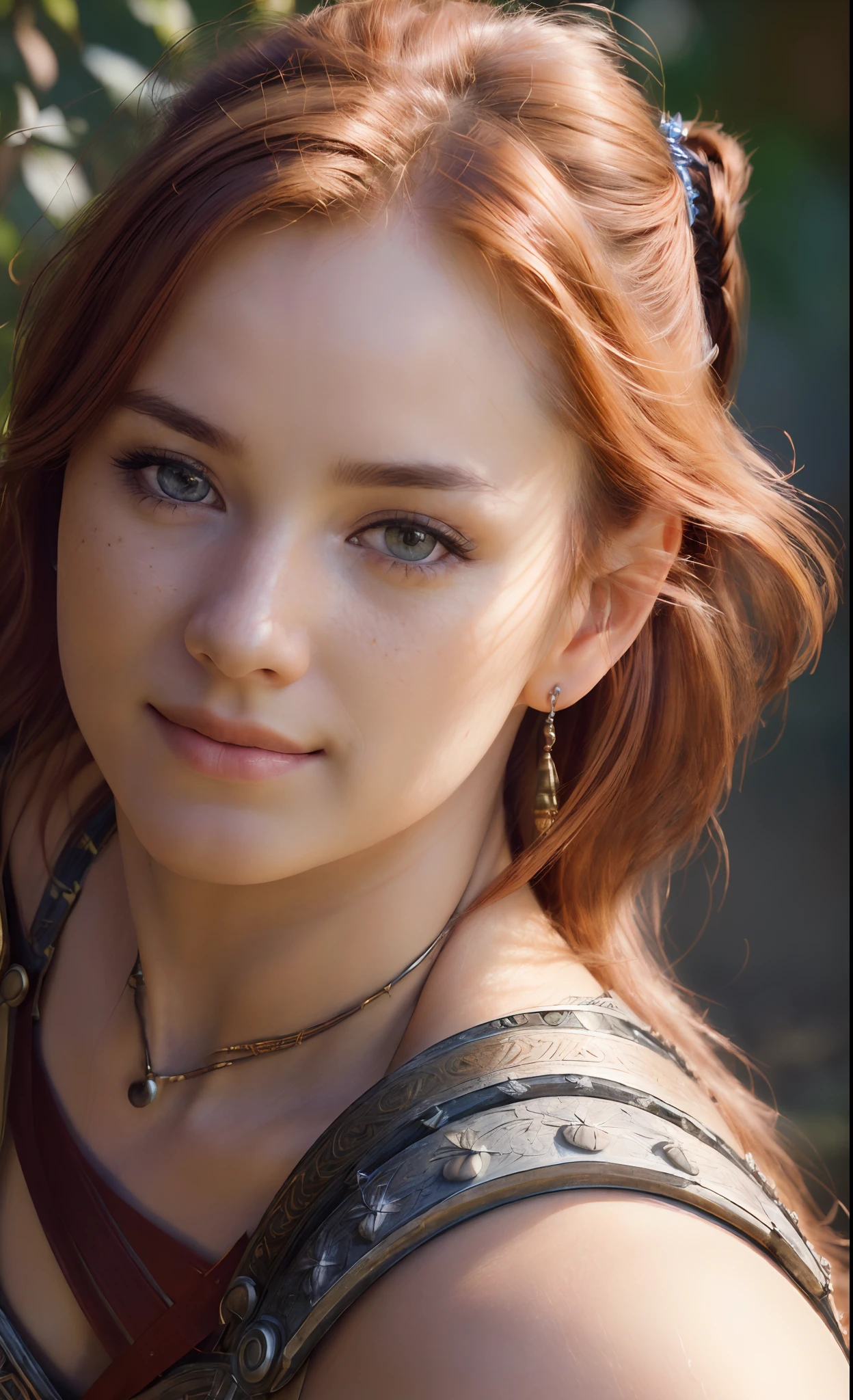 (Photo realistic:1.5), (((high-resolution photography))), (((Ultra Detailed))), ((Masterpiece)), Dramatic shadows, (((Best Quality))), (Ultra-detailed photo of an ancient warrior woman), Full Body, shot, (cinematic light:1.1), 35mm, (Cute sexy:), (cute face), pleasure, small breasts, evening lighting, Depth of field, (Detailed hair), (short ginger hair), (Detailed face and eyes), (pale skin), little smile, blurred background, analog photo style