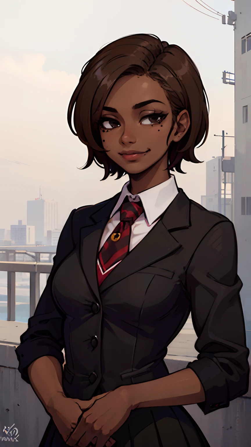 1 girl, (dark brown skin tone:1.4), very short hair, black eyes colour, mole down the right eye, School girl outfit, Evil smirk, dominant aura, (high quality, masterpiece, extremely detailed:1.2), (Realistic, photorealistic:1.2)