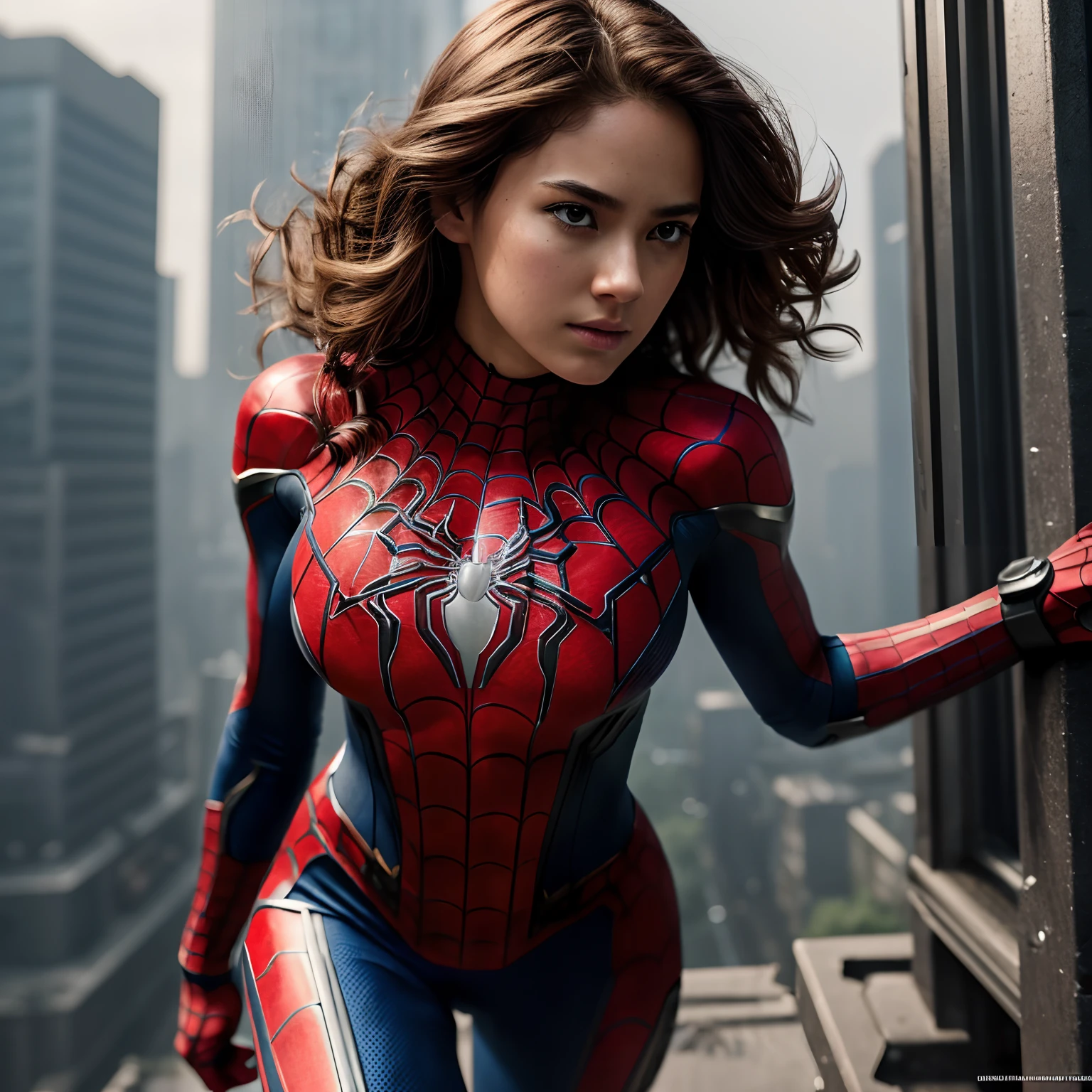 [8k resolution, fair face tone, oval face, high angle shot, wide lens], (1girl:1.3), Solo, (((Very detailed face)))), ((Very detailed eyes and face)))), Beautiful detail eyes, Body parts__, Official art, Unified 8k wallpaper, Super detailed, beautiful and beautiful, beautiful, masterpiece, best quality, original, masterpiece,{posture; jumping through buildings with spiderweb like spiderman do)), super fine photo, best quality, super high resolution, realistic realism, avengers end game climax background, full body portrait, amazing beauty, dynamic pose, delicate face, vibrant eyes, (from the front), ((She wears Spider-Man suit, red and black color scheme, short wavy hair, oval face, fair skin tone, messy hair)), spider, very detailed avengers end-game background, detailed face, detailed complex busy background, messy, gorgeous, milky white, highly detailed skin, realistic skin details, visible pores, clear focus, volumetric fog, 8k uhd, DSLR, high quality, film grain, fair skin, photo realism, lomography, futuristic dystopian megalopolis, translucent