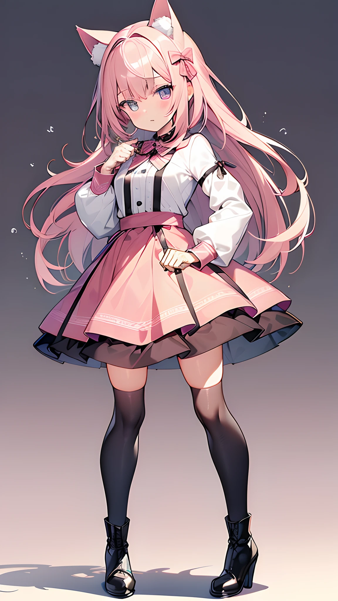 Cute girl with cat ears、Japan anime style、Moe、(full body2.0)、(1 person only 2.1)、(No background 1.8)、Authentic and highly detailed body、小柄、girl with、childish、ers old、length hair、bangss、A pink-haired、Authentic and highly detailed face、beautiful eyes that are authentic and highly detailed,、 Authentic and very delicate arms and hands、Authentic and highly detailed human hands(5 fingers)、The most beautiful girl in the world、Delicate and beautiful pink cat eyes、Authentic skin texture、Plain clothe、lolita、a miniskirt、(Authentic and highly detailed kneehigh pink socks 2.7)、(Authentic and highly detailed long boots 1.5)