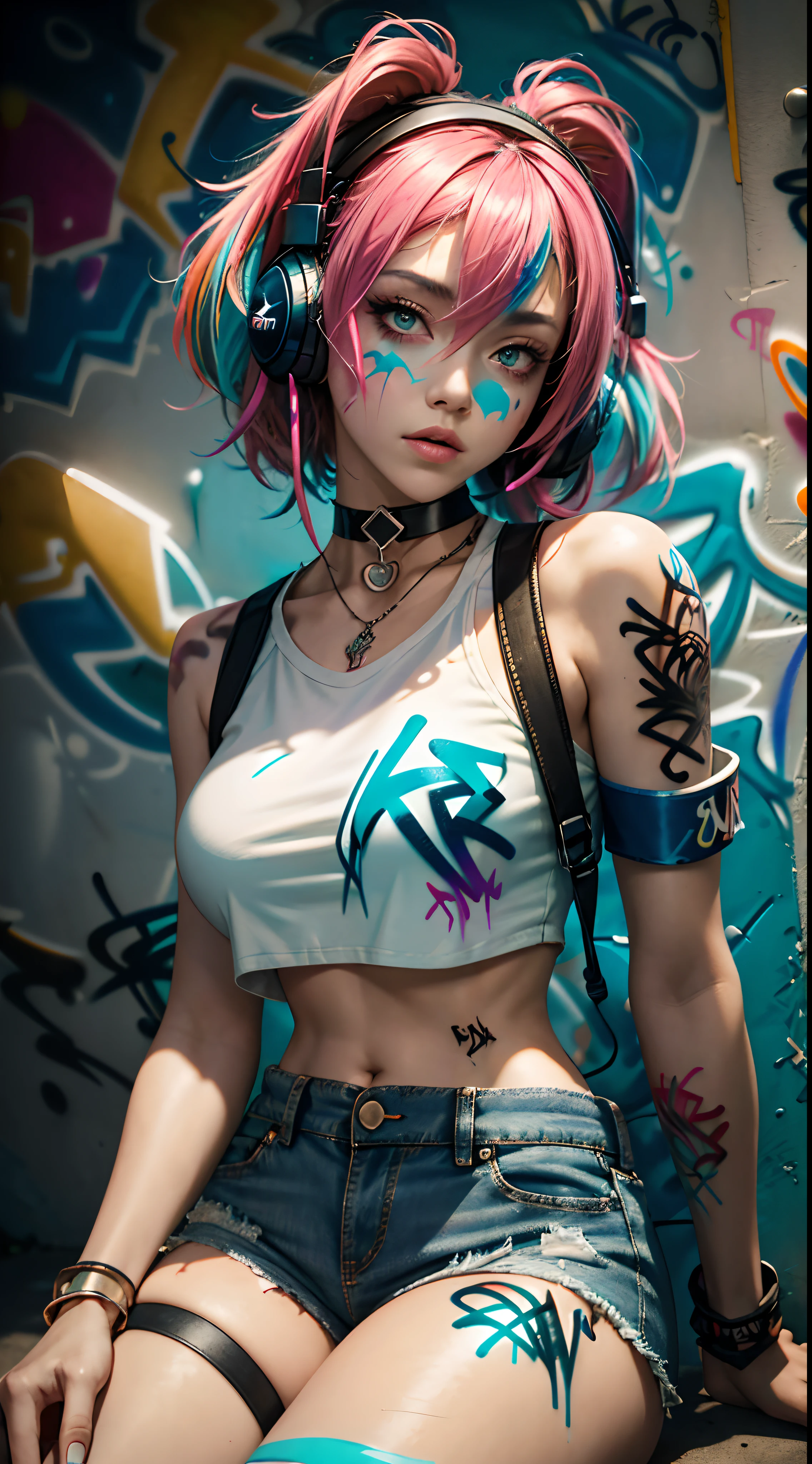 (best quality, masterpiece, RAW photo, ultra-detailed:1.1) , (st41nedg:1.1), (stained glass) , (graffiti_style:1.1), (multicolored:1.2), (multicolored hair), portrait, 1girl, very short + straight hair, Multiple earrings, Skull earrings, (choker, chain choker), wind, (graffiti big letters, graffiti English letters:1.1), (graffiti swirling around the character:0.6), (graffiti on character:1.3), (spray splash:1.2), (neon:1.3), neon sign, UHD, HDR, 8K, (Masterpiece:1.5), (best quality:1.5),