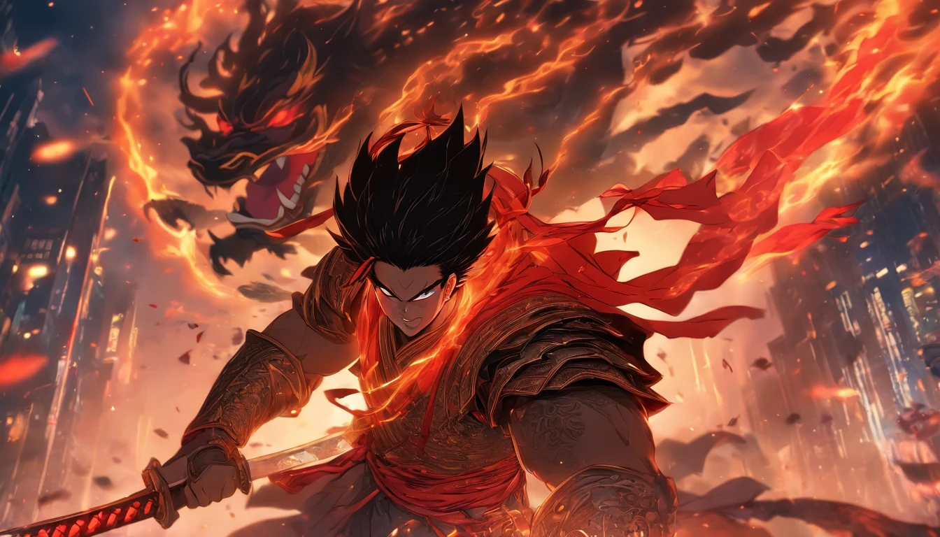 中景 the scene is,Chinese ink style,Smudge, 1 handsome boy, Black hair, Red glowing eyes, Crazy smile, wielding a sword,Dark,Flowing and chic,Ancient armor,Combat boots,(Full body like:1.5),Chang'an Avenue,ventania,8K,((super-fine)),Hyper-realistic,(((OC renderer)))