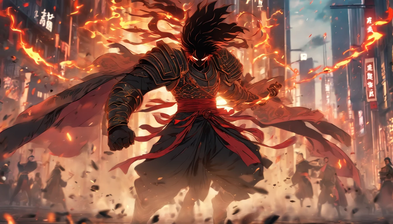 中景 the scene is,Chinese ink style,Smudge, 1 handsome boy, Black hair, Red glowing eyes, Crazy smile, wielding a sword,Dark,Flowing and chic,Ancient armor,Combat boots,(Full body like:1.5),Chang'an Avenue,ventania,8K,((super-fine)),Hyper-realistic,(((OC renderer)))