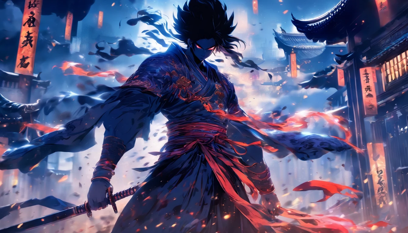 中景 the scene is,Chinese ink style,Smudge, 1 handsome boy, Black hair, Red glowing eyes, Crazy smile, wielding a sword,Dark,Flowing and chic,Ancient armor,Combat boots,(Full body like:1.5),Chang'an Avenue,ventania,8K,((super-fine)),Hyper-realistic,(((OC renderer)))