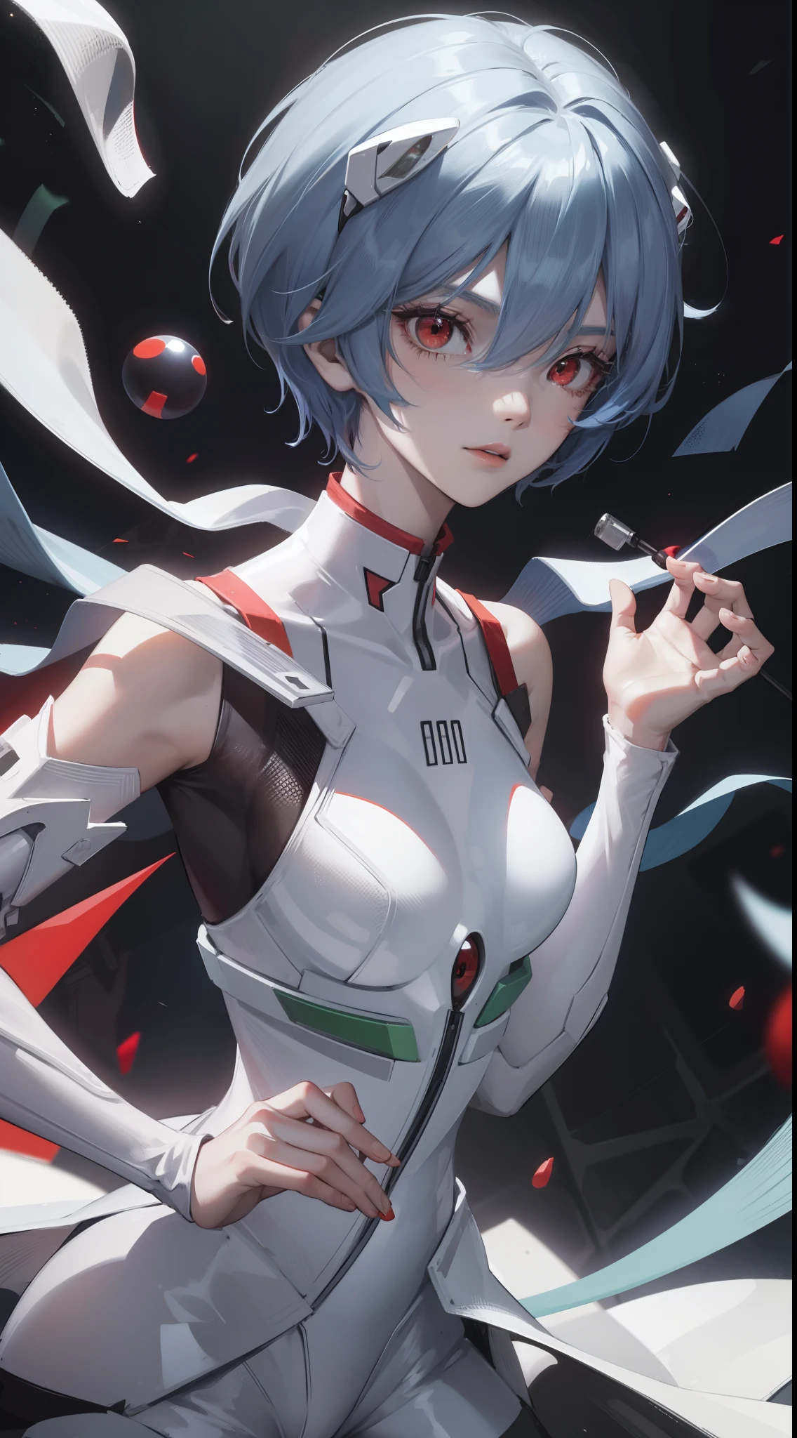 Linglong Yabo, Rei Ayanami, Blue hair, Short hair, (Red eyes:1.5),
Break the tights, Headgear, Manteau, White bodysuit,
BREAK outdoors, City,
BREAK looking at viewer, 
Break (Masterpiece:1.2), Best quality, high resolution, Unity 8k wallpaper, (illustration:0.8), (Beautiful detailed eyes:1.6), Extremely detailed face, Perfect lighting, Extremely detailed CG, (Perfect hands, Perfect anatomy),