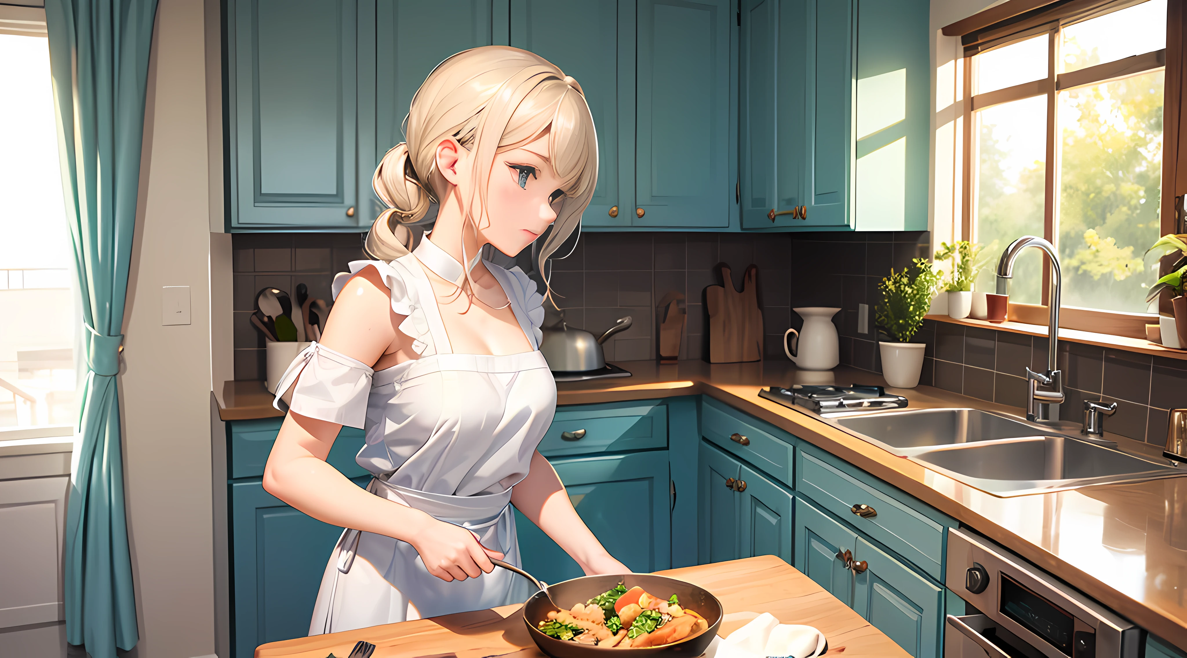 Silver Haired Elf、Naked Apron、kitchen、piece、cooking、Smiling face、Thicker thighs