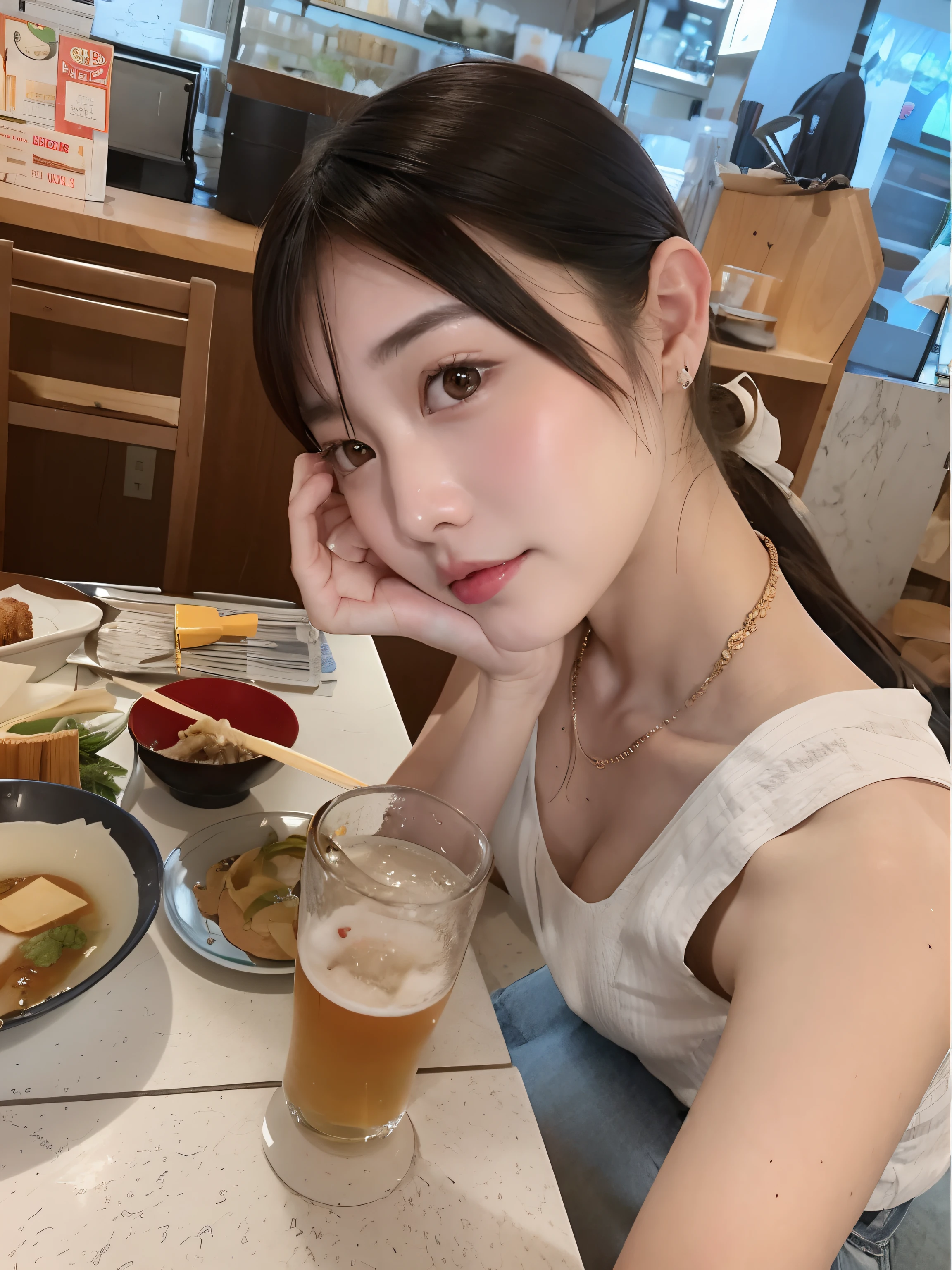 There is a woman sitting at a table drinking beer, 奈良美智, chiho, Kimi Takemura, 19-year-old girl, shikamimi, tzuyu from twice, sakimichan, Ayami, deayami kojima, 🚿🗝📝, Chiho Ashima