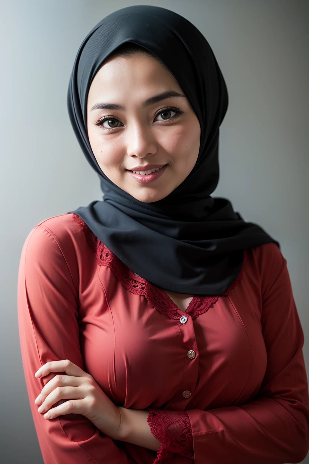 matured malay woman in hijab wearing lace red color pajamas portrait photography, mid shot photo, ultra detail, professional photograph with professional lighting, smile, light blue studio background, sexy seducing pose, curvy
