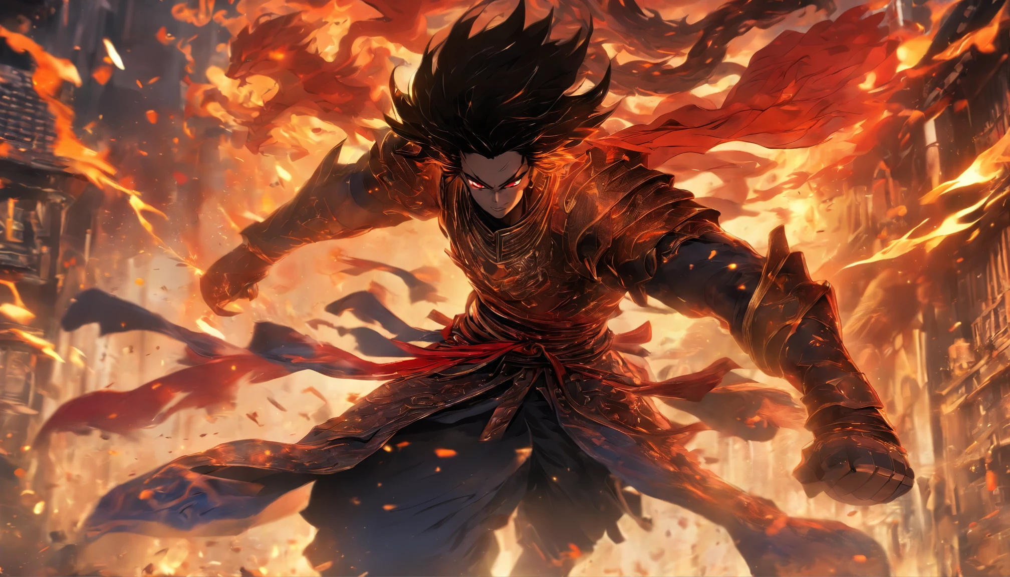 中景 the scene is,Chinese ink style,Smudge, 1 handsome boy, Black hair, Red glowing eyes, Crazy smile, wielding a sword,Dark,Flowing and chic,Ancient armor,Combat boots,(Full body like:1.5),Chang'an Avenue,ventania,8K,((super-fine)),Hyper-realistic,(((OC renderer)))