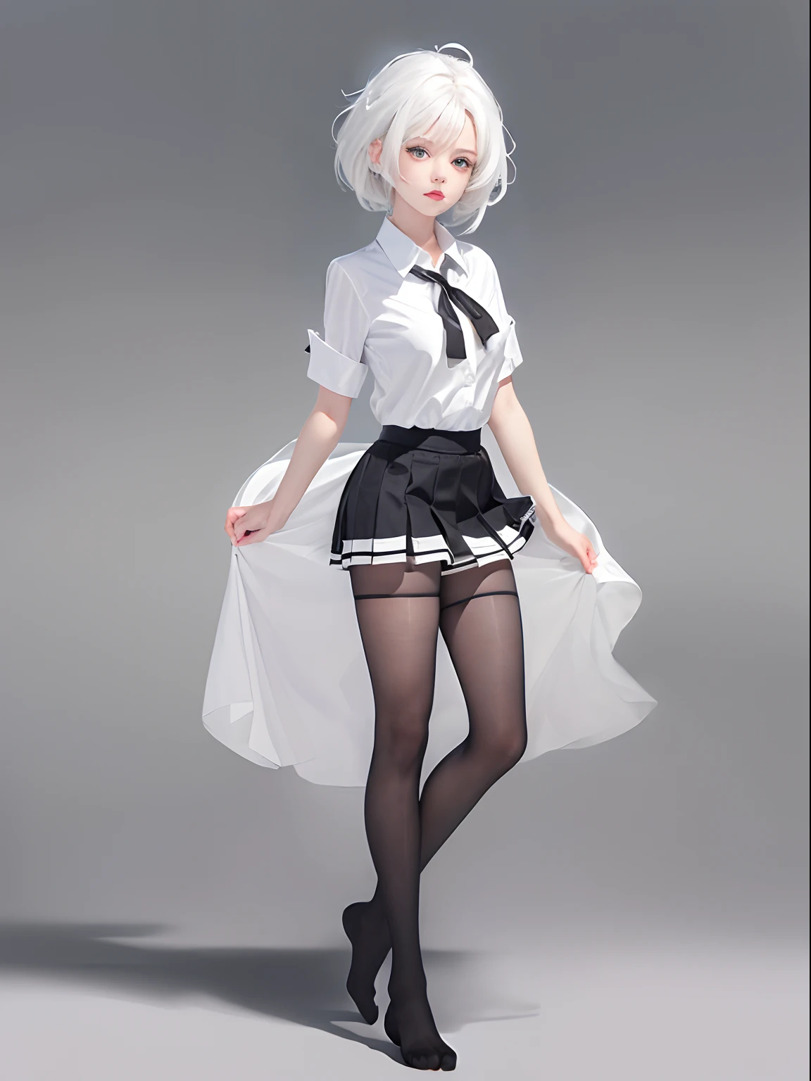 ((Masterpiece, Best quality)), (1girll), (Solo), (female focus), (ahoge, White hair, Short hair), Black eyes, ((White shirt), (Buttoned shirt)), ((Black skirt），（short  skirt）），standing on your feet，white backgrounid，Behind your arms，blackstockings