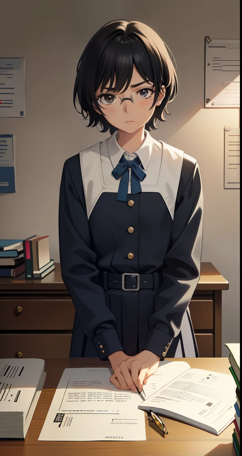 Alexis Ignacio Alternate Self (serious, smart, genius, creative, more into reading than games, perfect person),with eye glasses,studying in a messy room,wearing decent uniform.