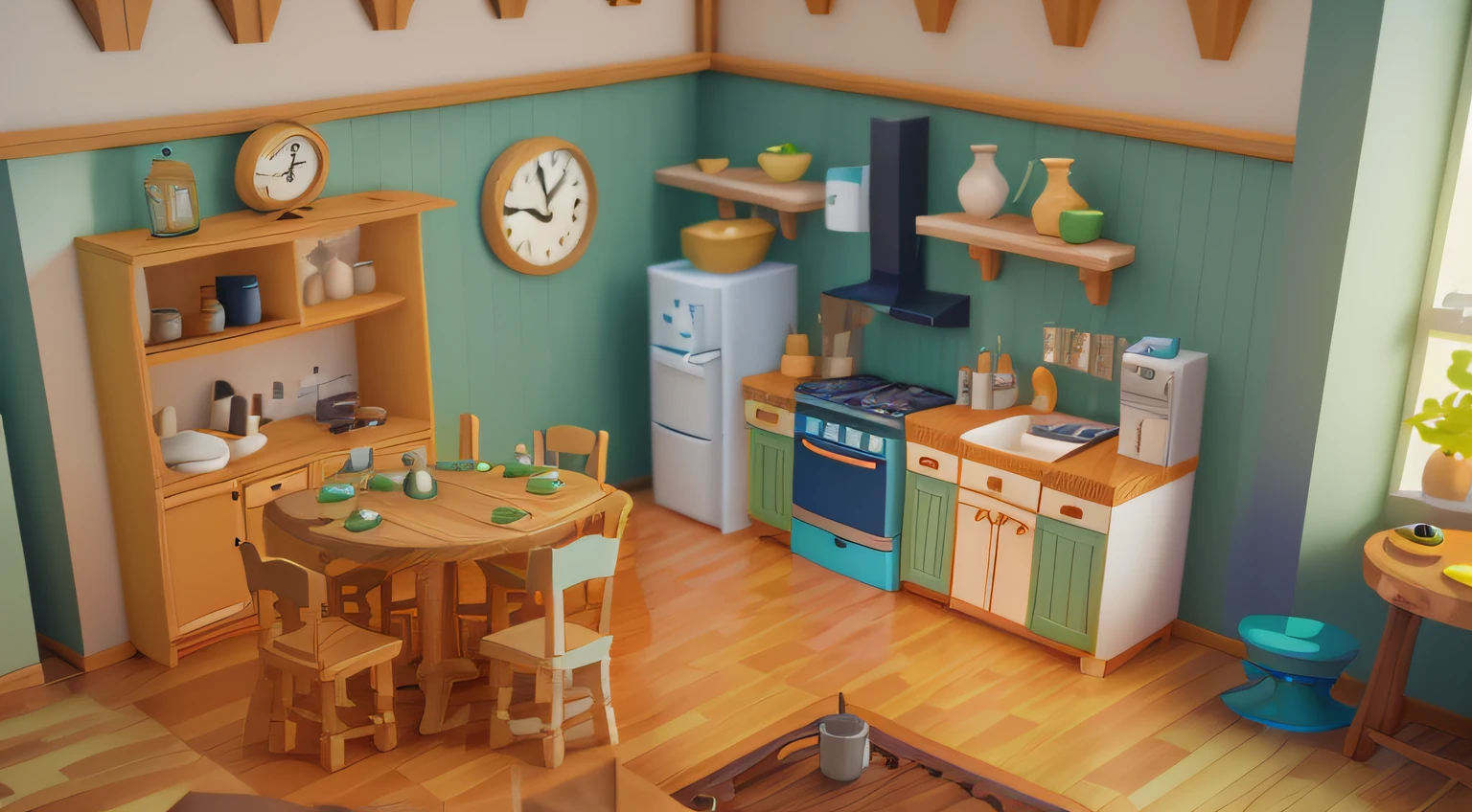 Kitchen sink,tables and chairs,Kitchen cabinets ,isometry, Game architecture design, cartoony, steins, casual game style, 。.3D, blender, tmasterpiece,Very lovely kitchen,green,blanche,Wood color,A stove