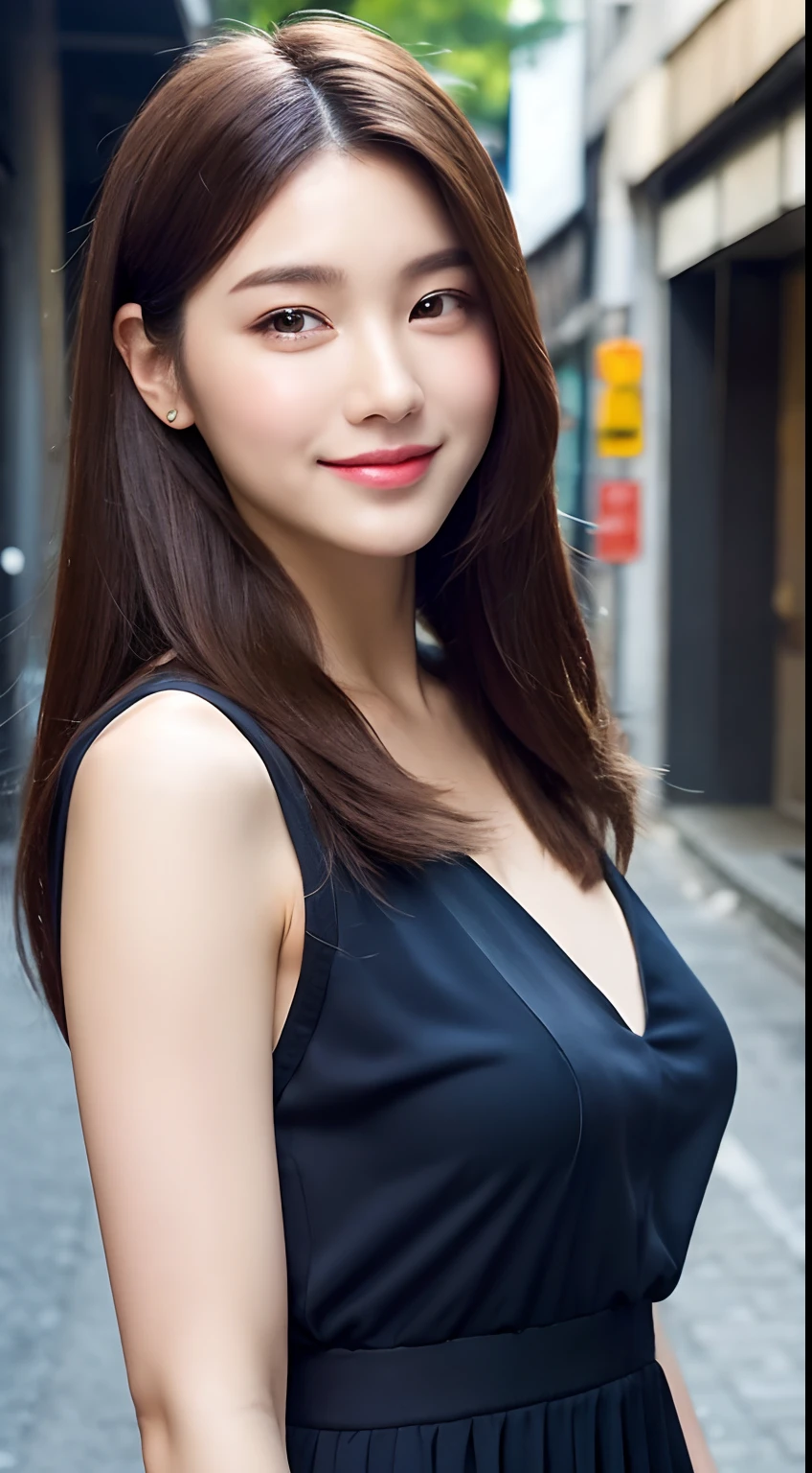 ((best qualtiy,8k,tmasterpiece:1.3)), 1girll, ssmile, full bodyesbian, Slightly chubby face, Beautiful woman,perfect bodies, (dark brown hair), full length dress :1.1, Super detailed face, Detailed eyes, 二重まぶた, blur backgroun, Slim Faces, 城市, do lado de fora, the street,