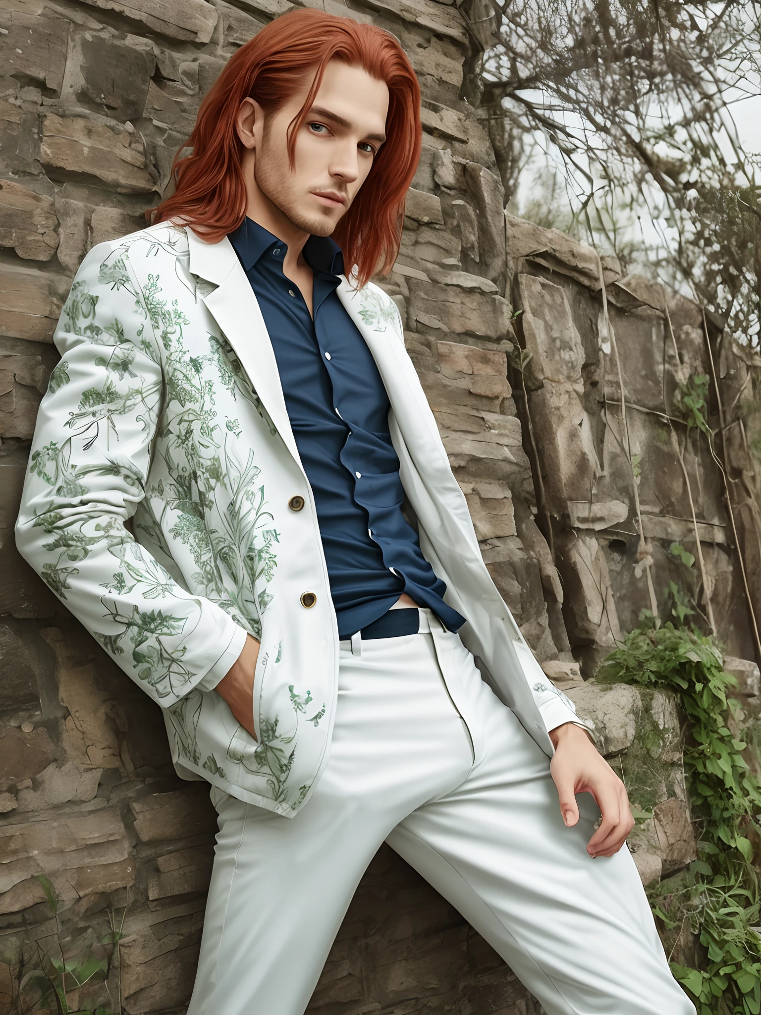 A blonde in a green long dress, a red-haired man in a white jacket and white pants --auto --s2