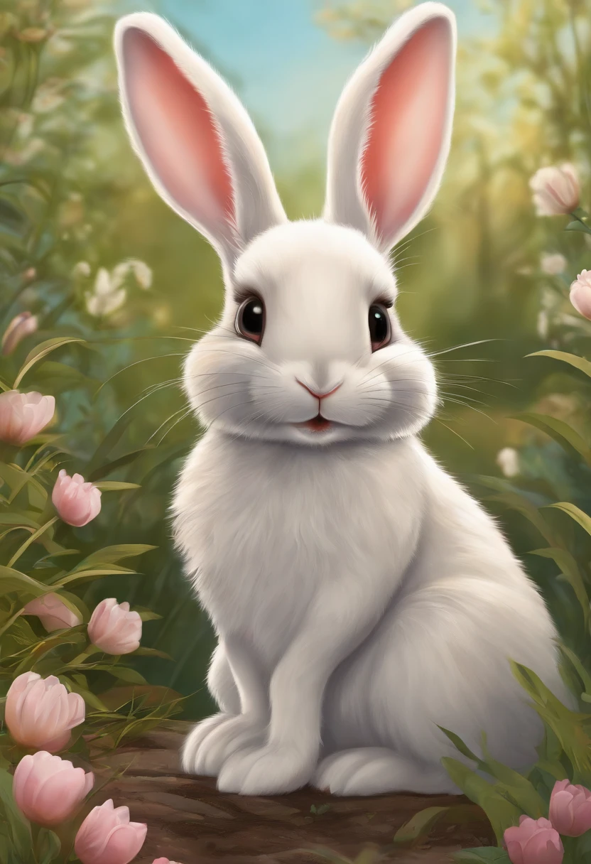 A painting of a white rabbit sitting on a log in a field of flowers ...