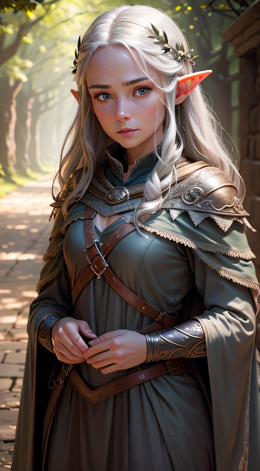 (detailed face, detailed eyes, clear skin, clear eyes), lotr, fantasy, elf, female, (((full body visible))), looking at viewer, portrait, photography, detailed skin, realistic, photo-realistic, 8k, highly detailed, full length frame, High detail RAW color art, piercing, diffused soft lighting, shallow depth of field, sharp focus, hyperrealism, cinematic lighting