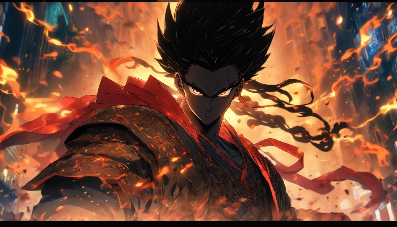 中景 the scene is，Chinese ink style，Smudge, 1 handsome boy, Black hair, Red glowing eyes, Crazy smile, wielding a sword，Dark，Flowing and chic，Ancient armor，Combat boots，（Full body like：1.5），Chang'an Avenue，ventania，8K，（（super-fine）），Hyper-realistic，（（（OC renderer）））