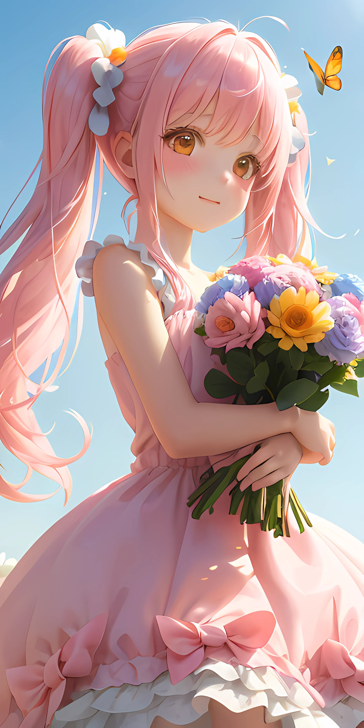 cute girl,dressed in a fluffy pink dress,adorable pigtails,holding a bouquet of colorful balloons,butterflies flying around her,soft sunlight illuminating her face and creating a warm atmosphere,best quality,ultra-detailed,realistic,portraits,vivid colors,pastel tones,soft lighting