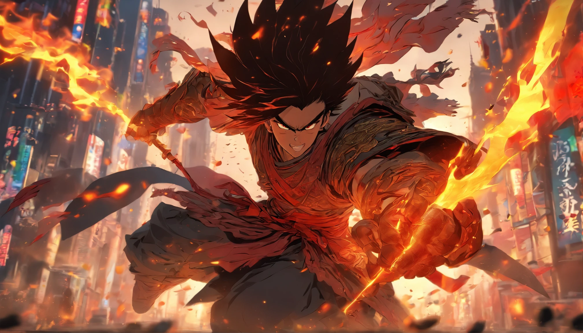 中景 the scene is，Chinese ink style，Smudge, 1 handsome boy, Black hair, Red glowing eyes, Crazy smile, wielding a sword，Dark，Flowing and chic，Ancient armor，Combat boots，（Full body like：1.5），Chang'an Avenue，ventania，8K，（（super-fine）），Hyper-realistic，（（（OC renderer）））