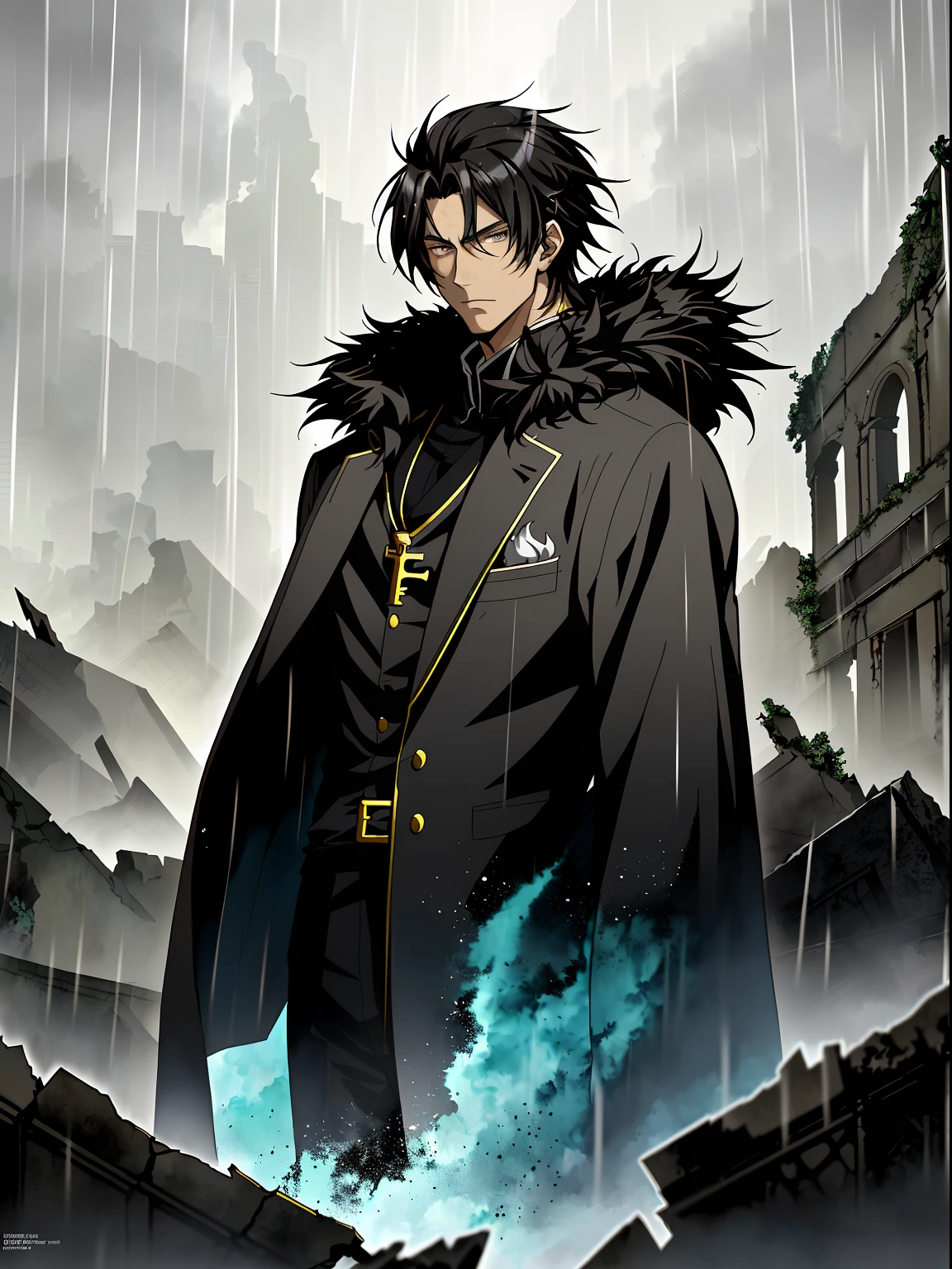 An anime man in a black fur coat stands among the ruins in the rain, Black colored eyes,Black hair,Anime handsome man, Anime portrait of a handsome man, Anime concept HDR anime, Key anime art, male anime character,