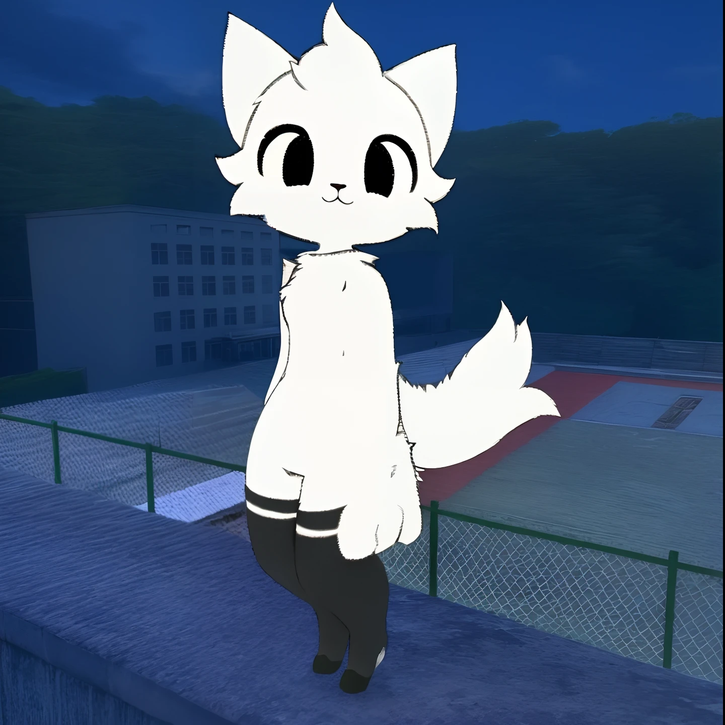 cartoon cat standing on a ledge in front of a building, Fursona!!!!, anime cat, Female Fursona, furry Fursona, white fox - hair, VRAbord, anime cat, Fursona furaffinity, generic furry style, anime 3d style , white cat girl, a den fox, realistic anime cat, full body silver eyes, Wolf