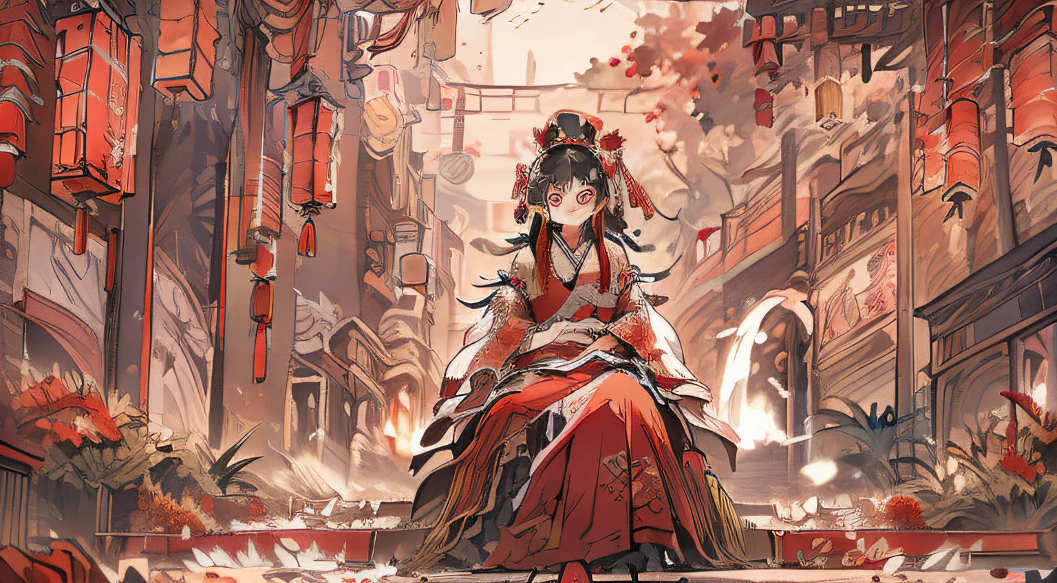 Chinese New Year's Eve eve,I put on a big red wedding dress,Got on the eight-carried palanquin that Shen Mansion came to greet his relatives,The gongs and drums are noisy,Firecrackers sounded in unison,People on the streets are watching。