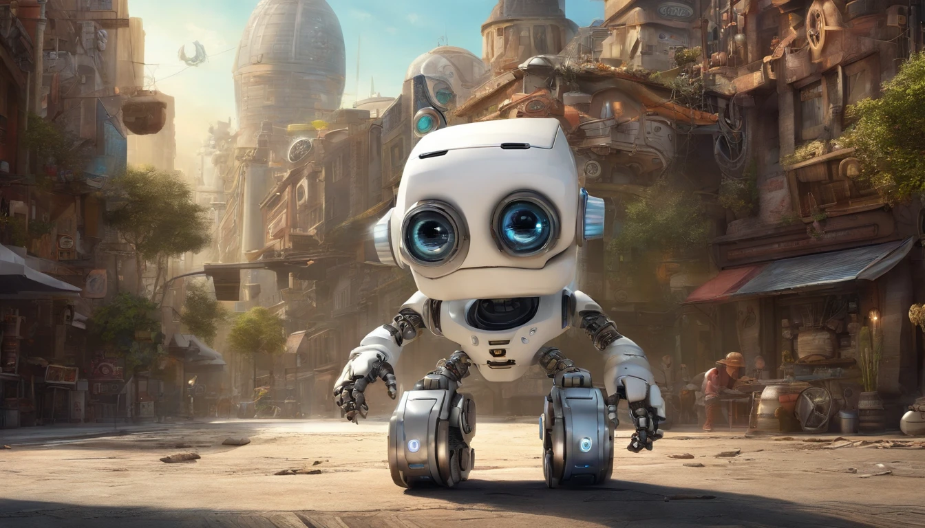 wide vision, ultra realista, altamente detalhado, pintura digital, arte conceitual, suave, foco nítido, tiro grande angular , Wall-E , babysitter, cute , with a cute , There is a cute robot standing in the future city play with a cute baby, which is a very cute robot, cute elaborate epic robot, beautiful robot character design, Kid Robot, Portrait of a futuristic robot, robotic mixed with organic, Future Robot, humanoid character, concept robot, White Robot, robot concept art, Steampunk Robot ,wall-E, masterpiece,extreme detailed,top quality
